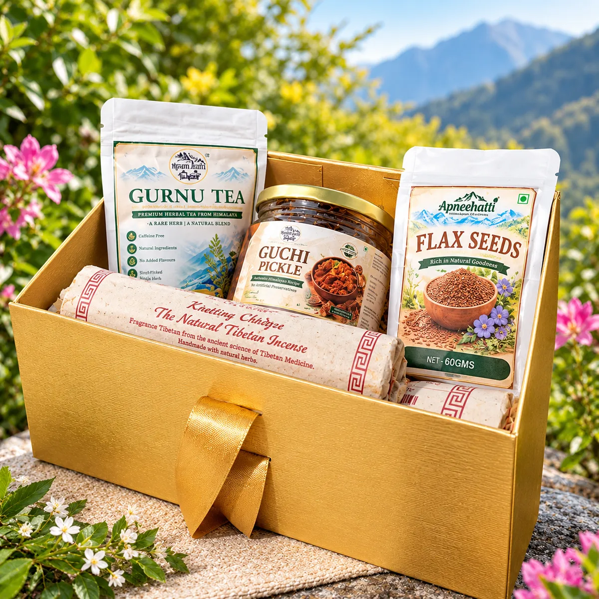 Apneehatti Himalayan festive gift hamper featuring Gurnu Tea, Guchi Pickle, Flax Seeds and Tibetan incense in a premium golden gift box.