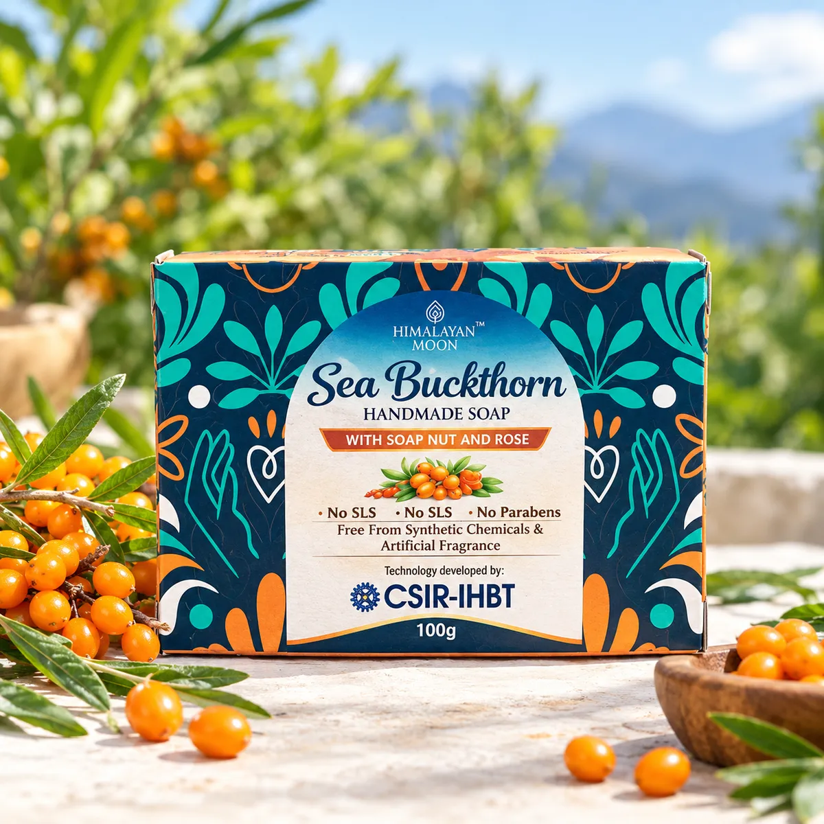 Apneehatti Himalayan Seabuckthorn Handmade Soap with Soap Nut and Rose, 100g, free from SLS, SDS, parabens and artificial fragrance.