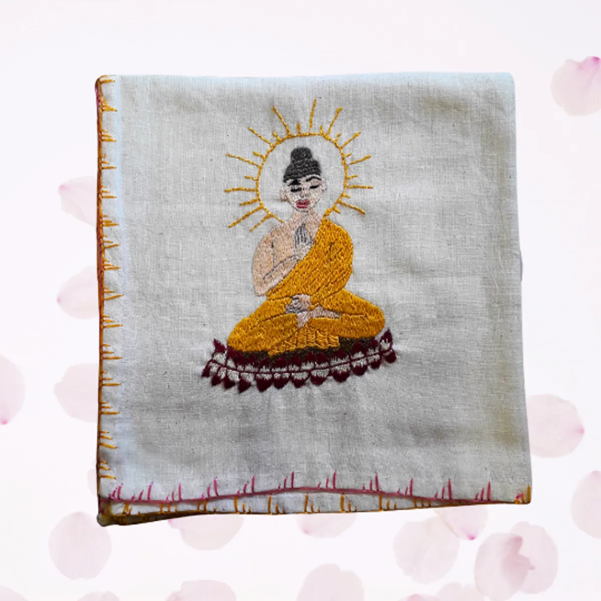 Chamba Rumal handmade embroidery Buddha design yellow