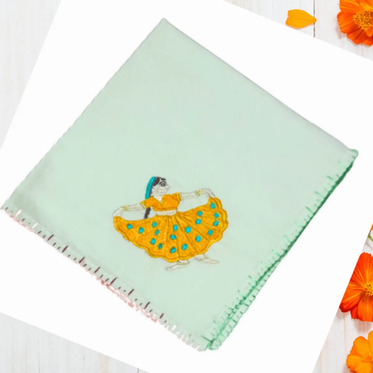 Chamba Rumal hand embroidered Radha Rani in yellow dress