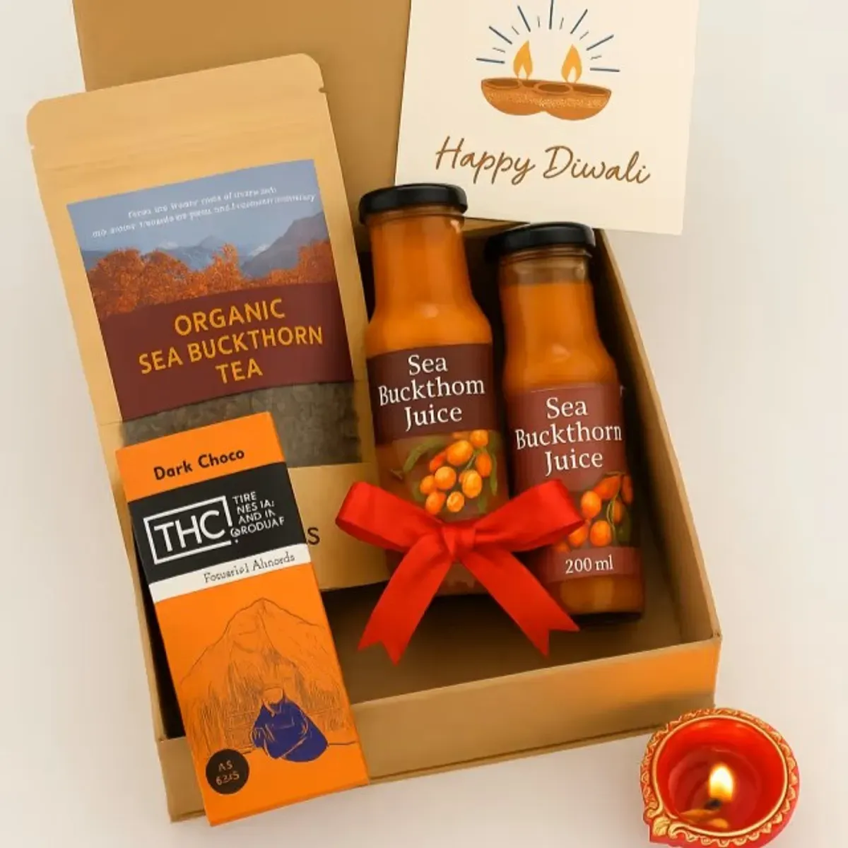 Diwali Wellness Combo with seabuckthorn tea, pulp and dark chocolate