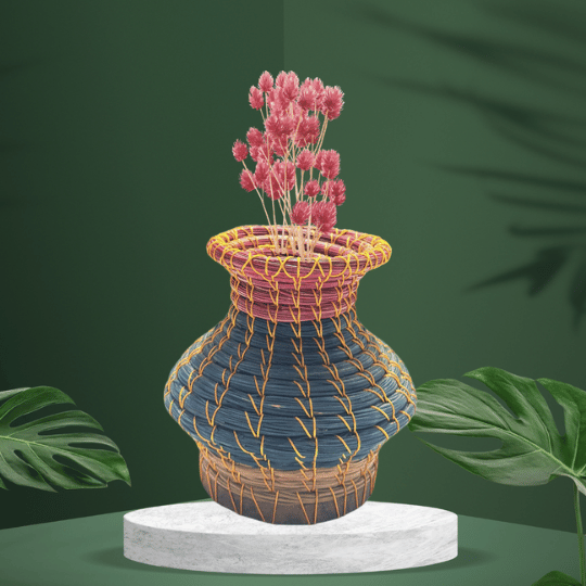 Handmade pine needle flower pot used as an eco-friendly planter for indoor plants – sustainable Himalayan décor by Apneehatti