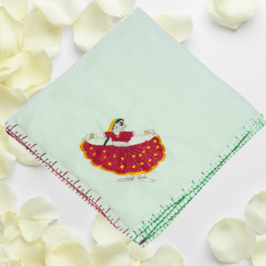 Chamba Rumal hand embroidered with Radha Rani in red dress using traditional Himalayan embroidery by Apneehatti