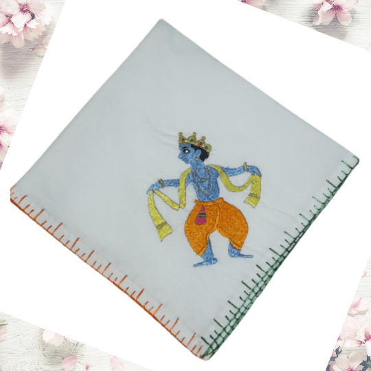 Chamba Rumal Krishna hand embroidered handkerchief crafted with traditional double-sided Chamba embroidery by Apneehatti