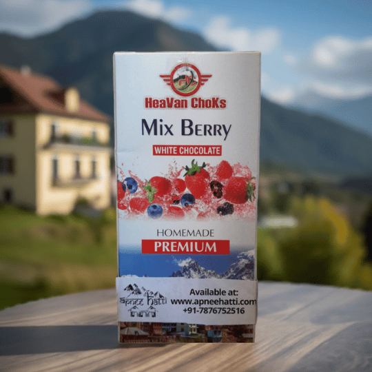 Premium Mix Berry White Chocolate bar with creamy texture surrounded by fresh strawberries and blueberries on a clean background.
