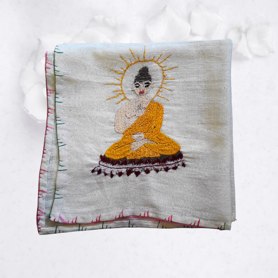 Apneehatti Chamba Rumal handmade embroidery Buddha design yellow Himachal handicraft
