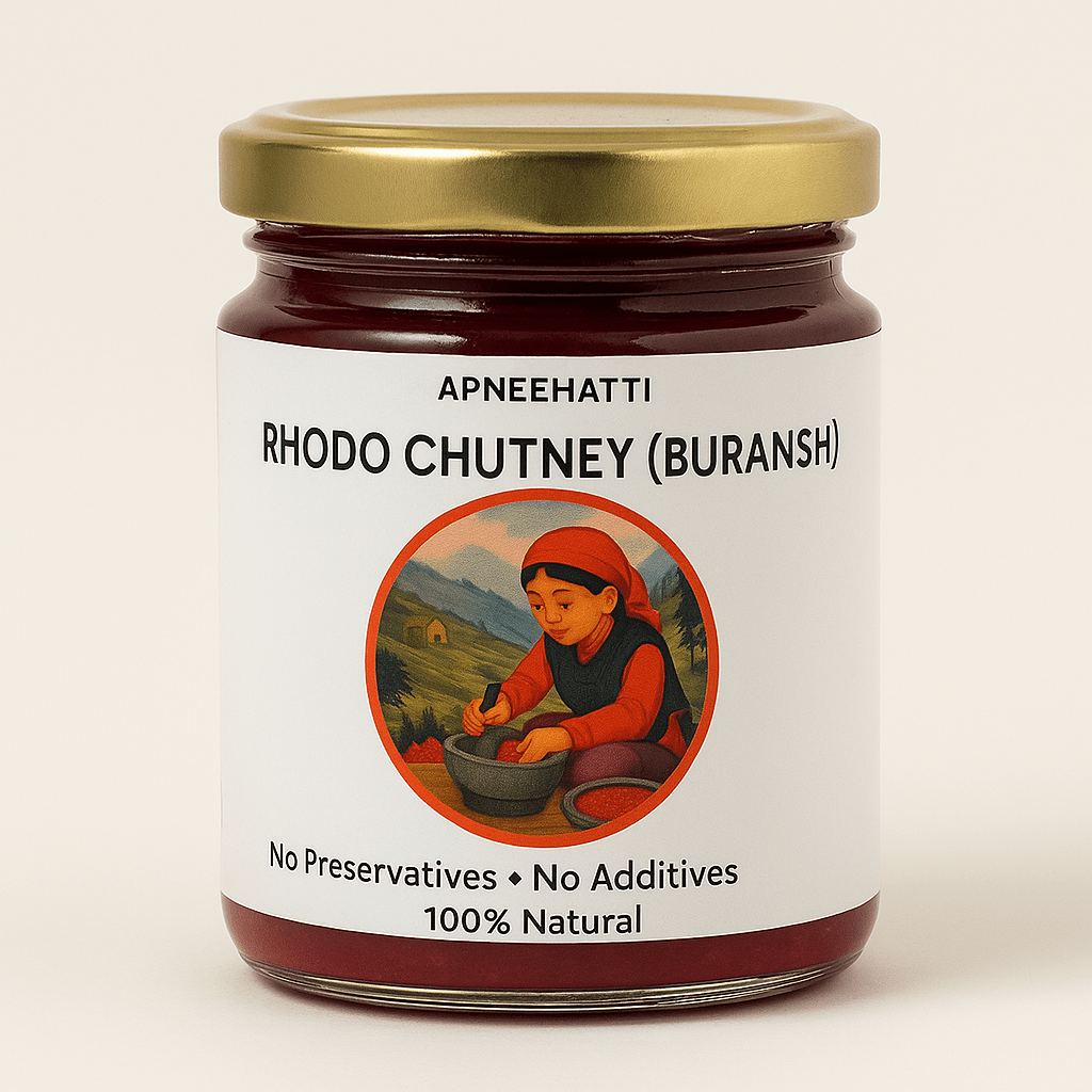 Organic handmade Buransh rhododendron chutney from Himalayas, preservative-free Himalayan condiment by Apneehatti