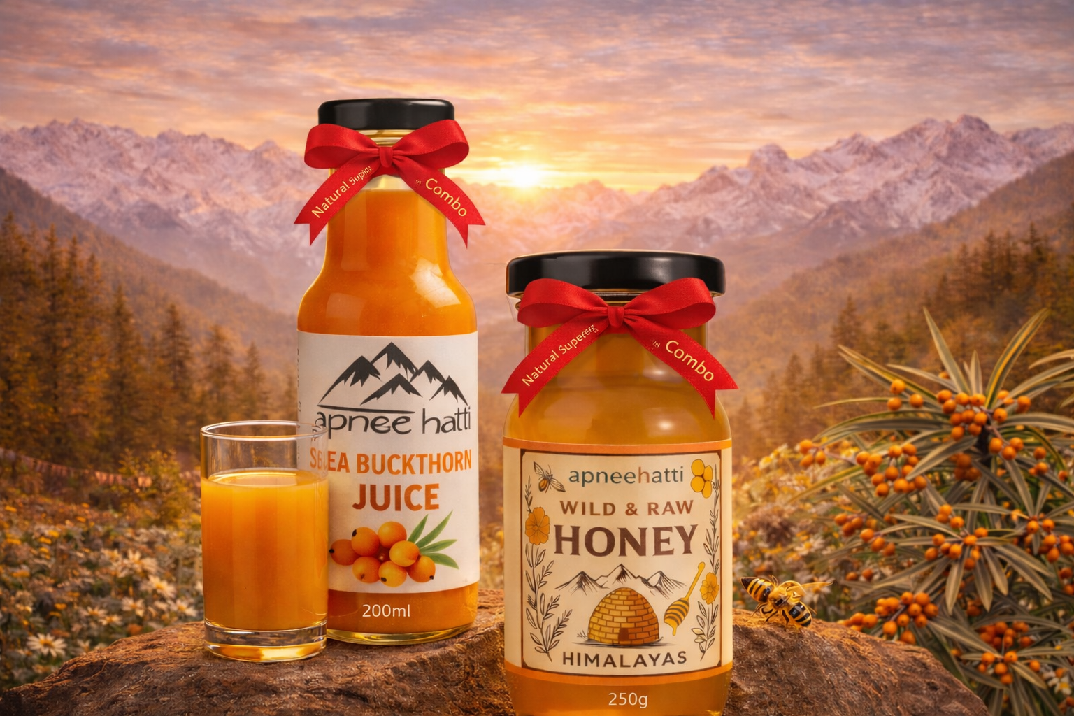 Sea Buckthorn Juice 200ml and Wild Raw Honey 250g Natural Himalayan Superfood Health Combo
