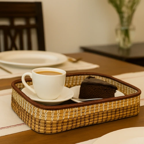 Handcrafted pine tray placed on dining table with cup and cake, eco-friendly wooden serving tray by Apneehatti
