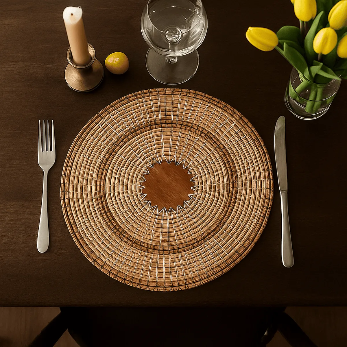 round pine table mat with wooden base