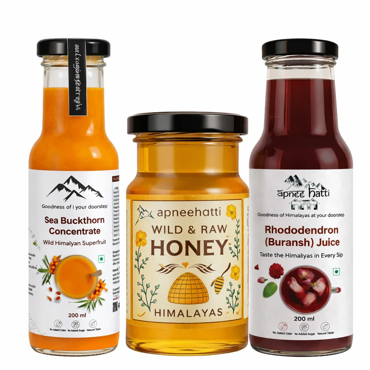 sea buckthorn juice rhododendron juice and wild raw honey combo pack
