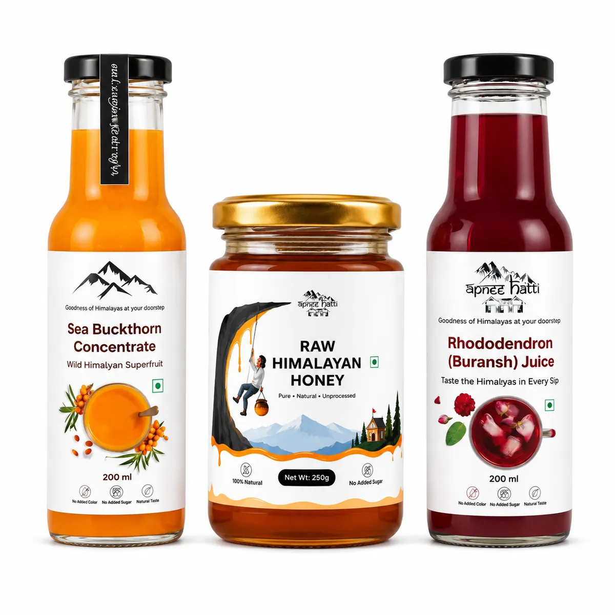sea buckthorn juice rhododendron juice and wild raw honey combo pack 